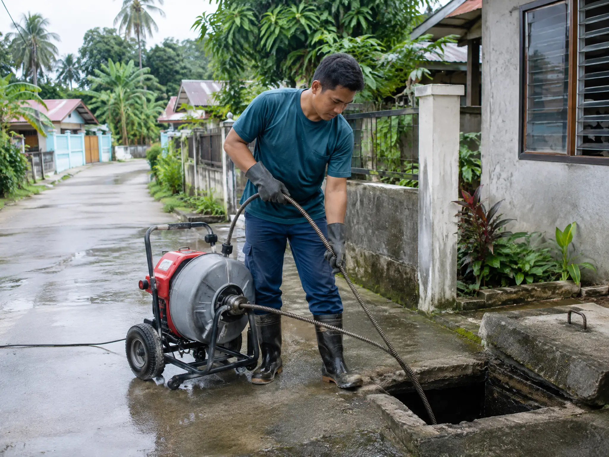 Manggagawang gumagamit ng drain cleaning machine sa bukas na drainage sa labas ng bahay
